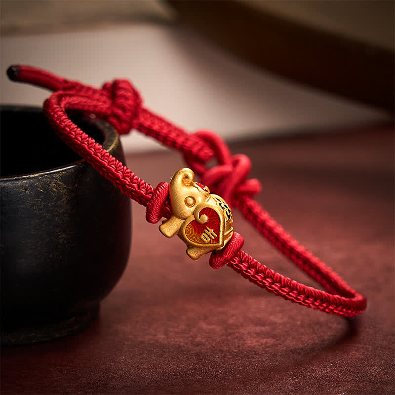 Buddha Stones Bracelet tressé ajustable fait main avec éléphant, cœur et motif amour, en fil rouge. - Rouge foncé - 5,91-7,48 pouces (15-19 cm) - image 0