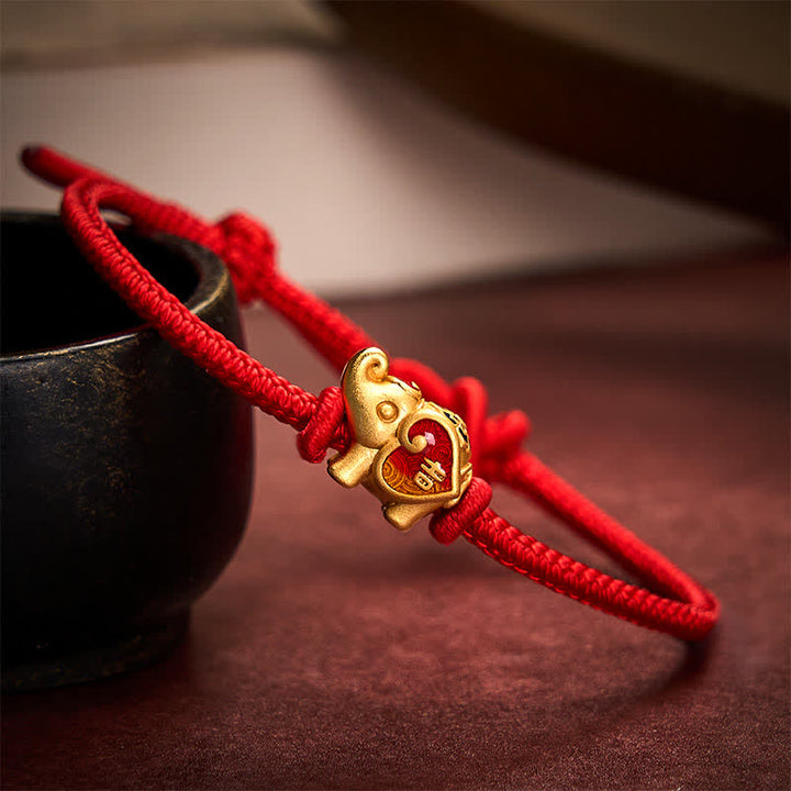 Buddha Stones Bracelet tressé ajustable fait main avec éléphant, cœur et motif amour, en fil rouge. - Rouge - 5,91-7,48 pouces (15-19 cm) - image 8