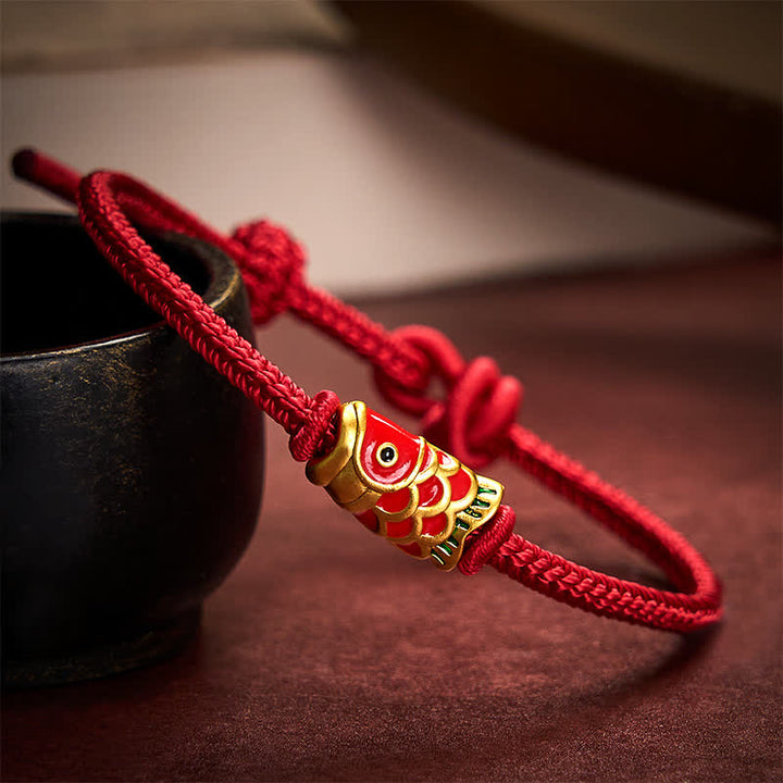 Buddha Stones Bracelet en cordon tressé rouge tissé à la main avec motif de carpes koï et résistance ajustable - Rouge foncé - 5,91-7,48 pouces (15-19 cm) - image 0