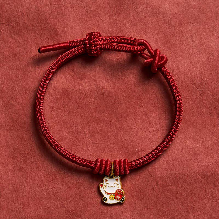 Buddha Stones Bracelet ajustable en cordelette rouge tressée faite à la main, représentant un chat porte-bonheur et symbole Fu. - image 1