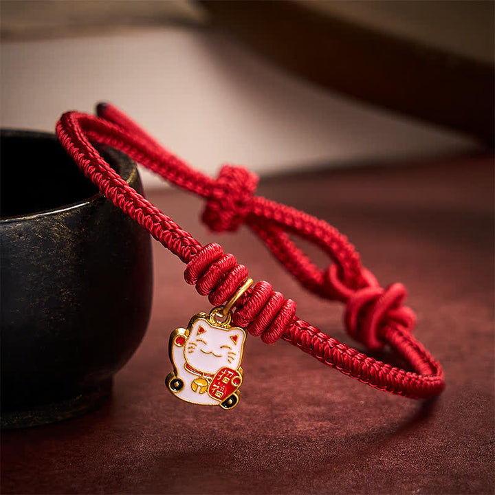 Buddha Stones Bracelet ajustable en cordelette rouge tressée faite à la main, représentant un chat porte-bonheur et symbole Fu. - Rouge foncé - 5,91-7,48 pouces (15-19 cm) - image 0