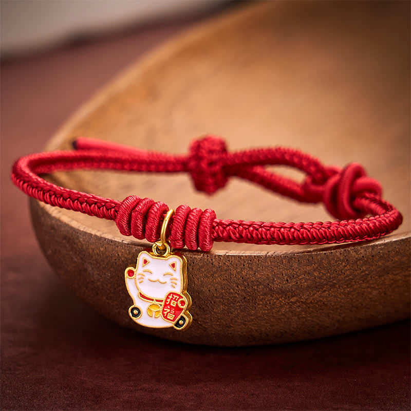 Buddha Stones Bracelet ajustable en cordelette rouge tressée faite à la main, représentant un chat porte-bonheur et symbole Fu. - image 2