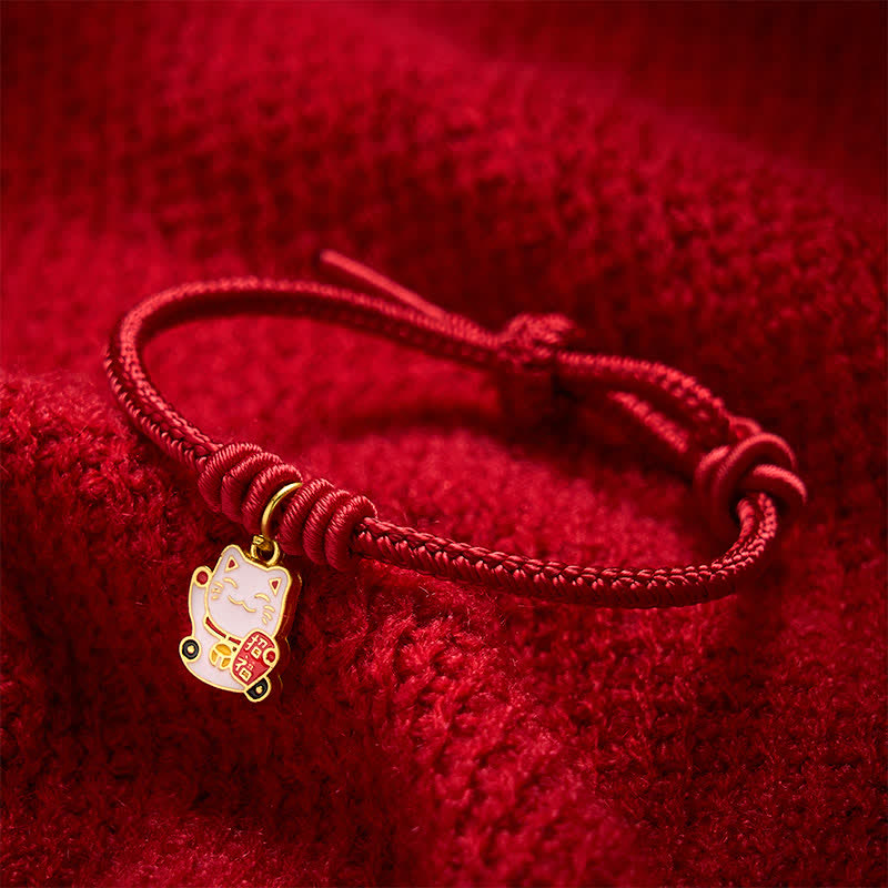 Buddha Stones Bracelet ajustable en cordelette rouge tressée faite à la main, représentant un chat porte-bonheur et symbole Fu. - image 3