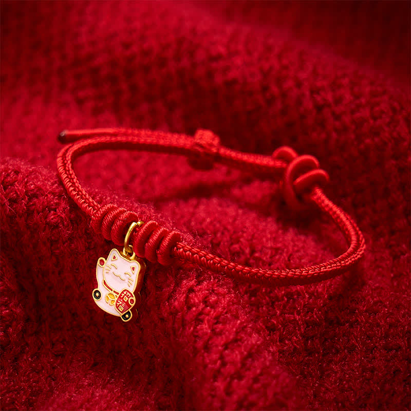Buddha Stones Bracelet ajustable en cordelette rouge tressée faite à la main, représentant un chat porte-bonheur et symbole Fu. - image 10