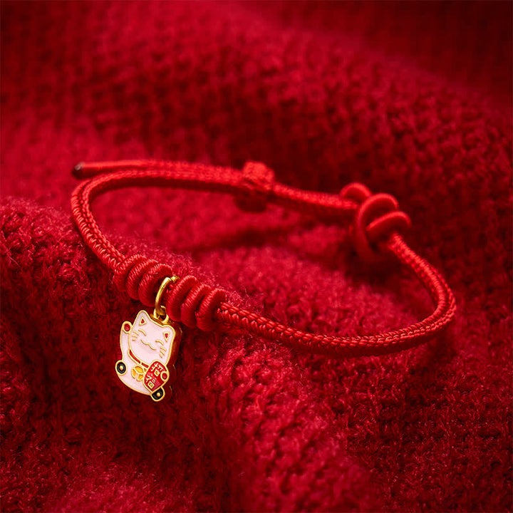Buddha Stones Bracelet ajustable en cordelette rouge tressée faite à la main, représentant un chat porte-bonheur et symbole Fu. - image 10