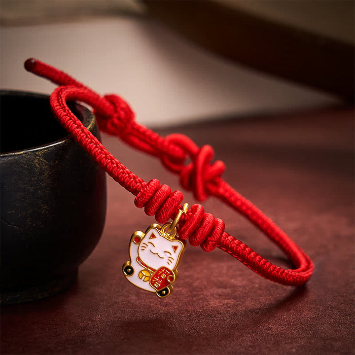 Buddha Stones Bracelet ajustable en cordelette rouge tressée faite à la main, représentant un chat porte-bonheur et symbole Fu. - Rouge - 5,91-7,48 pouces (15-19 cm) - image 8