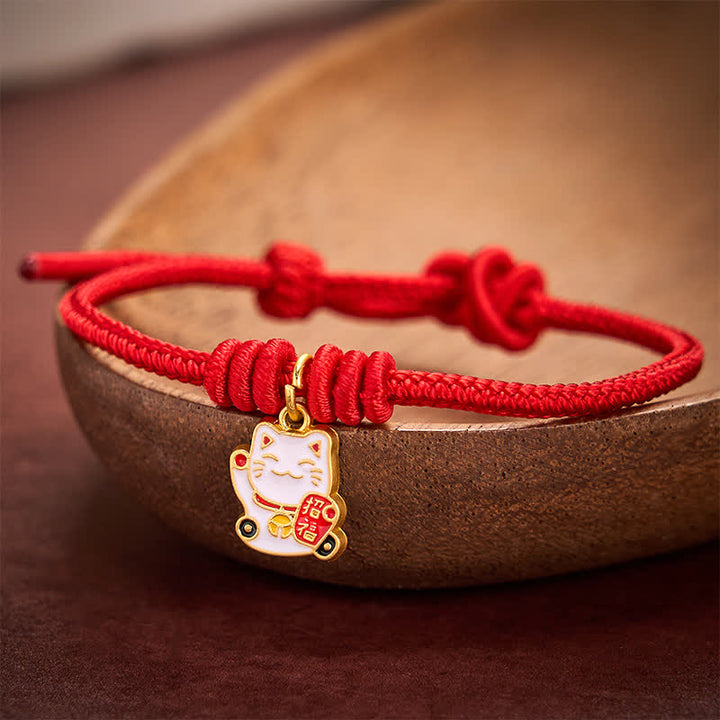 Buddha Stones Bracelet ajustable en cordelette rouge tressée faite à la main, représentant un chat porte-bonheur et symbole Fu. - image 9
