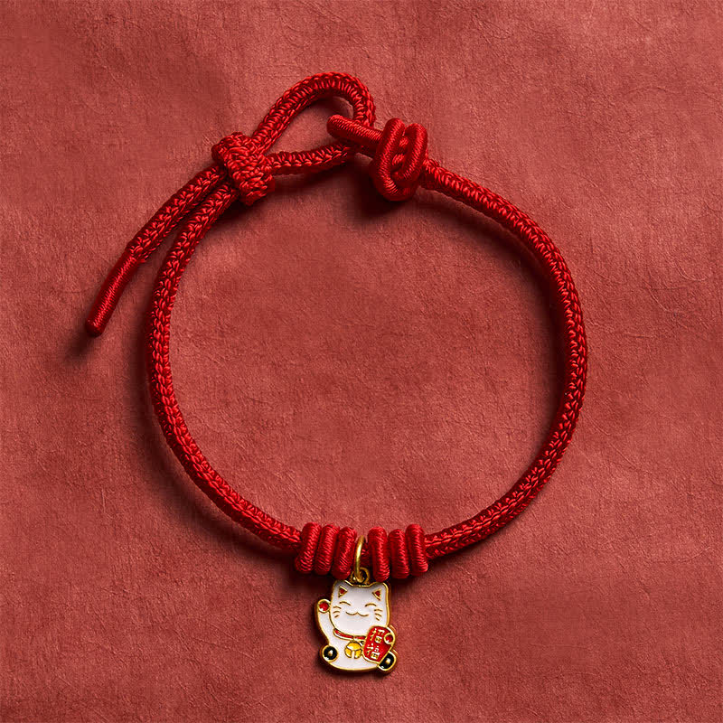 Buddha Stones Bracelet ajustable en cordelette rouge tressée faite à la main, représentant un chat porte-bonheur et symbole Fu. - image 11