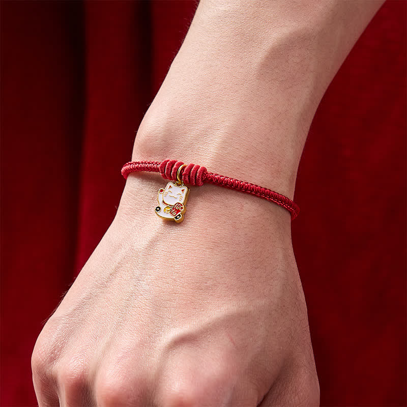 Buddha Stones Bracelet ajustable en cordelette rouge tressée faite à la main, représentant un chat porte-bonheur et symbole Fu. - image 4
