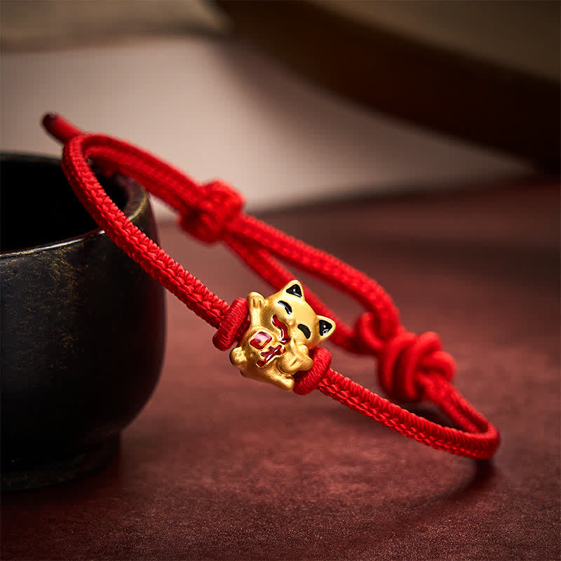 Buddha Stones Bracelet ajustable en cordelette rouge tressée faite à la main avec chat doré porte-bonheur. - image 3