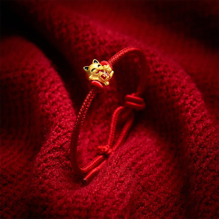 Buddha Stones Bracelet ajustable en cordelette rouge tressée faite à la main avec chat doré porte-bonheur. - image 2