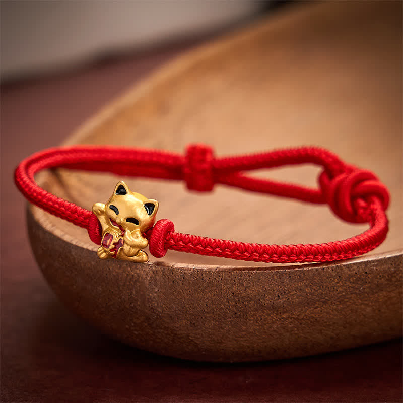 Buddha Stones Bracelet ajustable en cordelette rouge tressée faite à la main avec chat doré porte-bonheur. - image 1