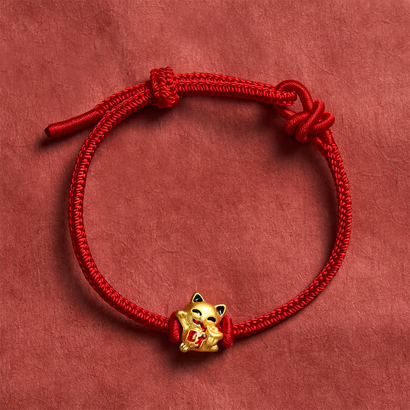 Buddha Stones Bracelet ajustable en cordelette rouge tressée faite à la main avec chat doré porte-bonheur. - Rouge - 5,91-7,48 pouces (15-19 cm) - image 0