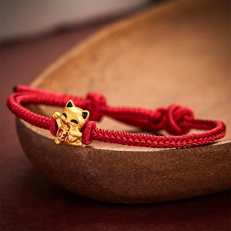Buddha Stones Bracelet ajustable en cordelette rouge tressée faite à la main avec chat doré porte-bonheur. - image 1
