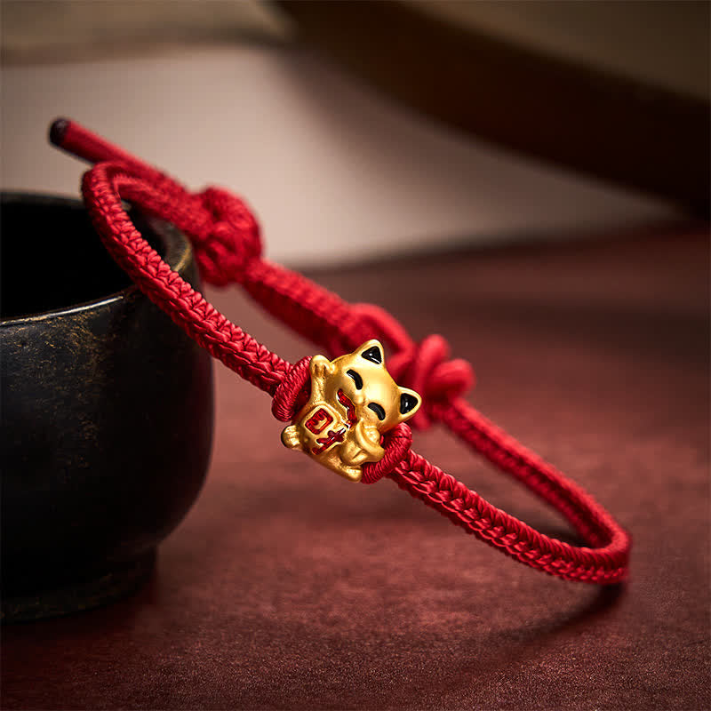 Buddha Stones Bracelet ajustable en cordelette rouge tressée faite à la main avec chat doré porte-bonheur. - Rouge foncé - 5,91-7,48 pouces (15-19 cm) - image 6
