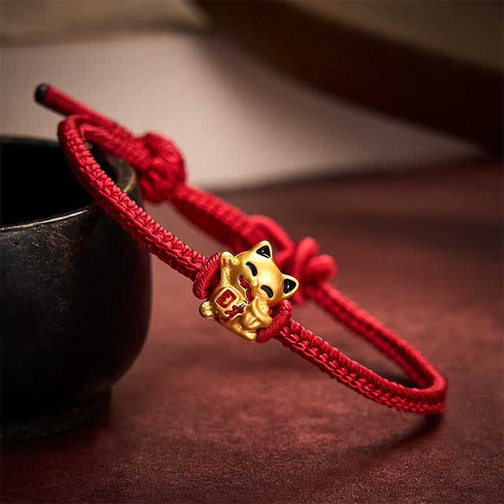 Buddha Stones Bracelet ajustable en cordelette rouge tressée faite à la main avec chat doré porte-bonheur. - Rouge foncé - 5,91-7,48 pouces (15-19 cm) - image 6