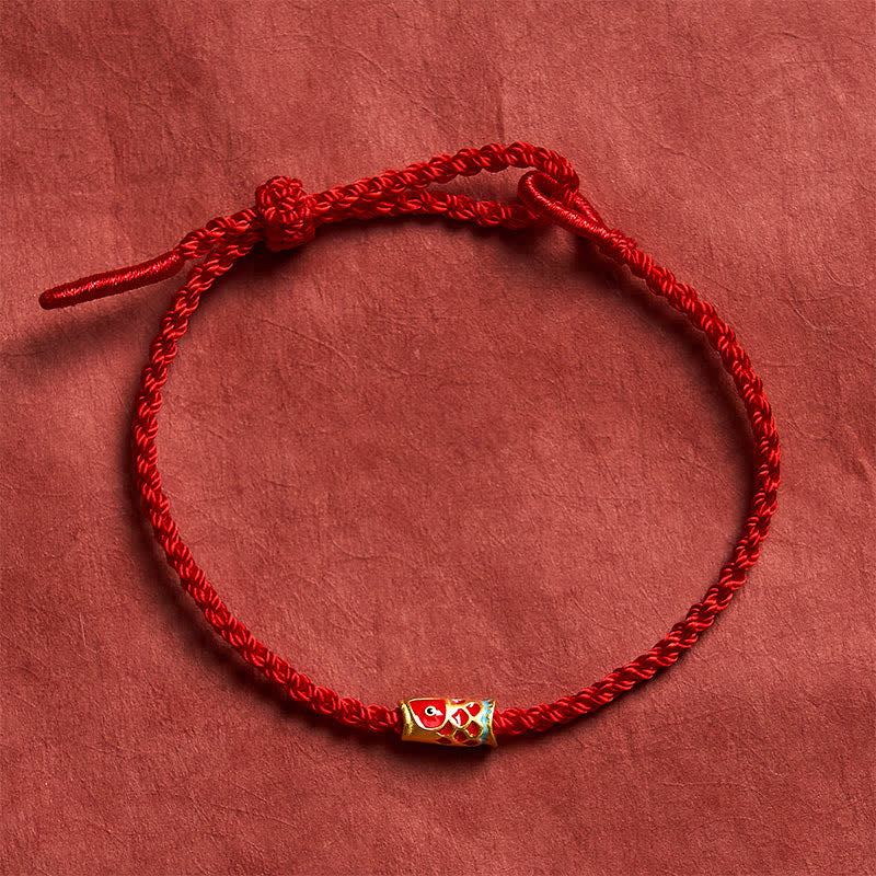 Buddha Stones Bracelet porte-bonheur en cordon tressé rouge tissé à la main avec motif de carpes koï - Rouge - 5,91-7,48 pouces (15-19 cm) - image 0