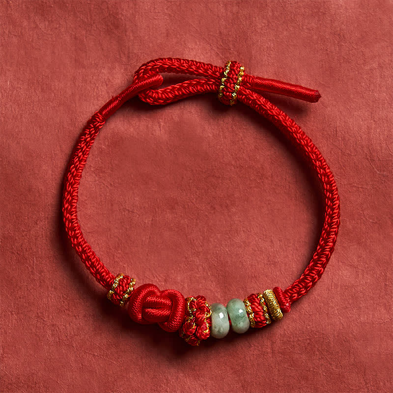Buddha Stones Bracelet ajustable en jade tressé à la main, orné de nœuds chinois porte-bonheur - Rouge - 15-19 cm - image 0