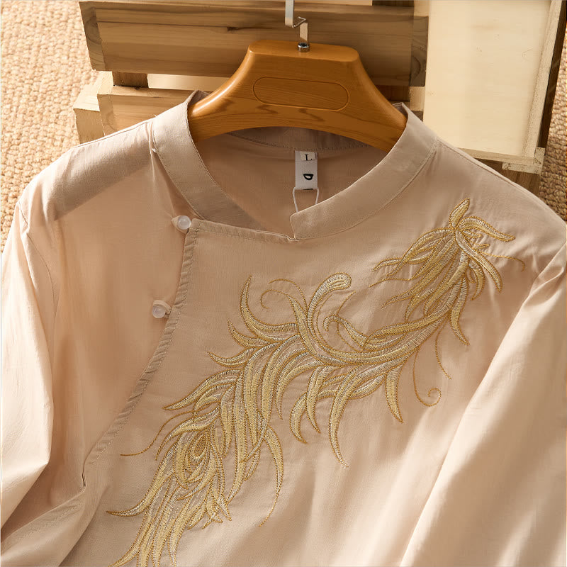Buddha Stones Chemise à manches courtes pour femme, style vintage printemps, ornée de plumes brodées et d'un col mandarin uni. - image 9