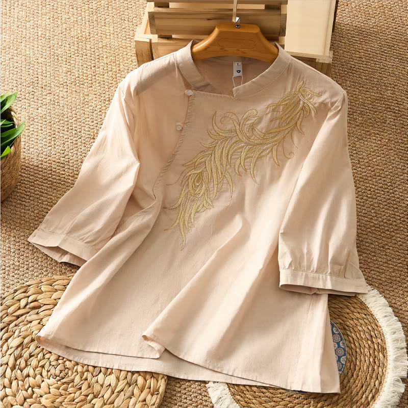 Buddha Stones Chemise à manches courtes pour femme, style vintage printemps, ornée de plumes brodées et d'un col mandarin uni. - Beige - US8-10，UK/AU12-14，EU40-42 (2XL) - image 7