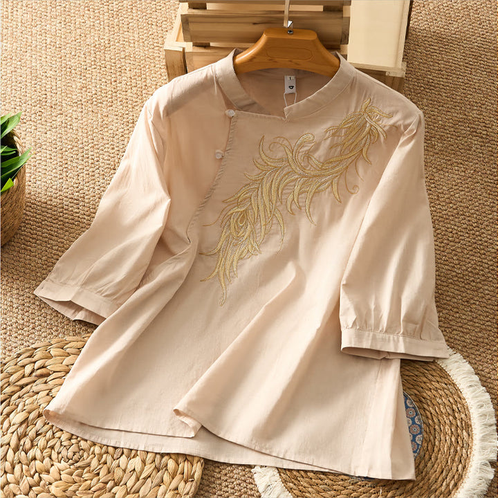 Buddha Stones Chemise à manches courtes pour femme, style vintage printemps, ornée de plumes brodées et d'un col mandarin uni. - Beige - US8-10，UK/AU12-14，EU40-42 (2XL) - image 7
