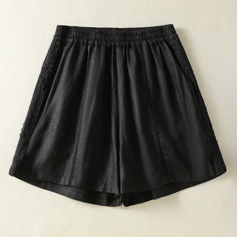 Buddha Stones Short d'été bohème décontracté pour femme, uni, avec dentelle décorative sur les côtés et poches - Noir - US8-10, UK/AU12-14, EU40-42 (2XL) - image 5