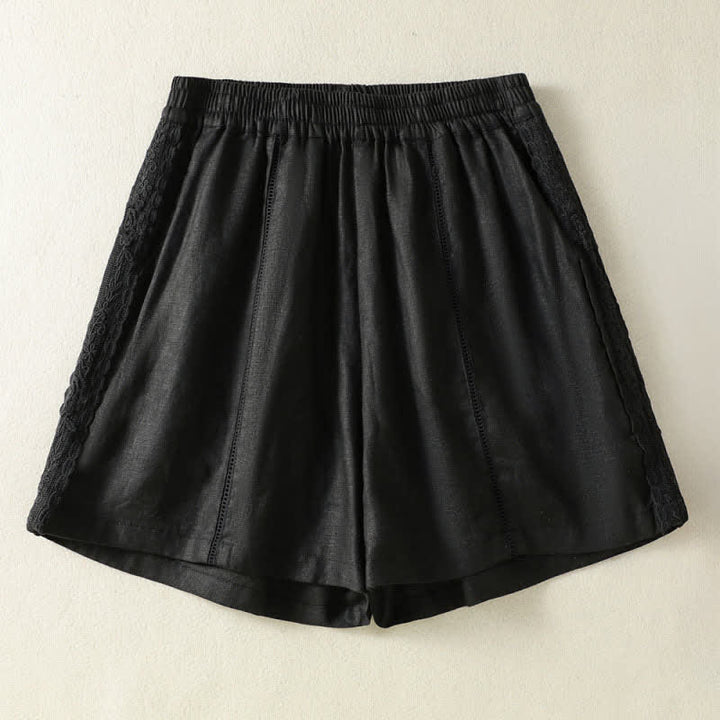 Buddha Stones Short d'été bohème décontracté pour femme, uni, avec dentelle décorative sur les côtés et poches - Noir - US8-10, UK/AU12-14, EU40-42 (2XL) - image 5