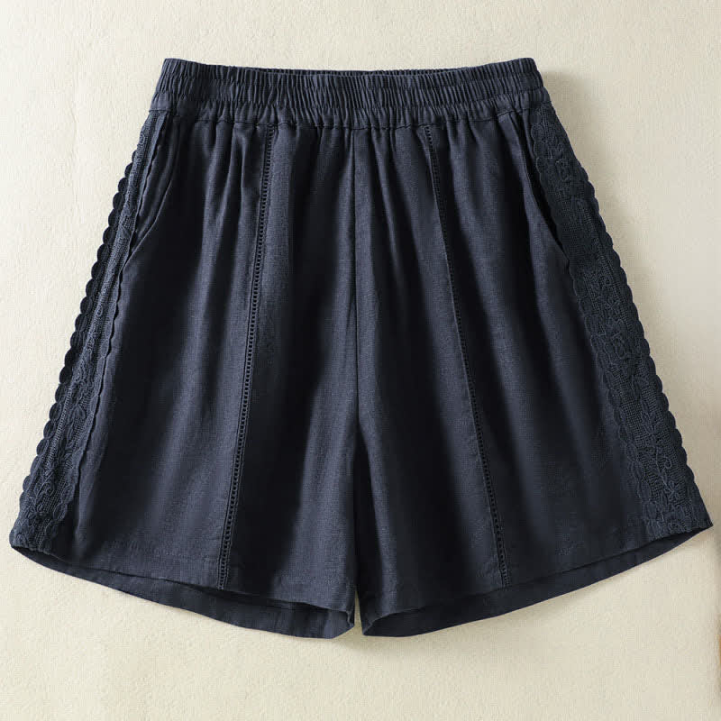Buddha Stones Short d'été bohème décontracté pour femme, uni, avec dentelle décorative sur les côtés et poches - Bleu nuit - US8-10, UK/AU12-14, EU40-42 (2XL) - image 10