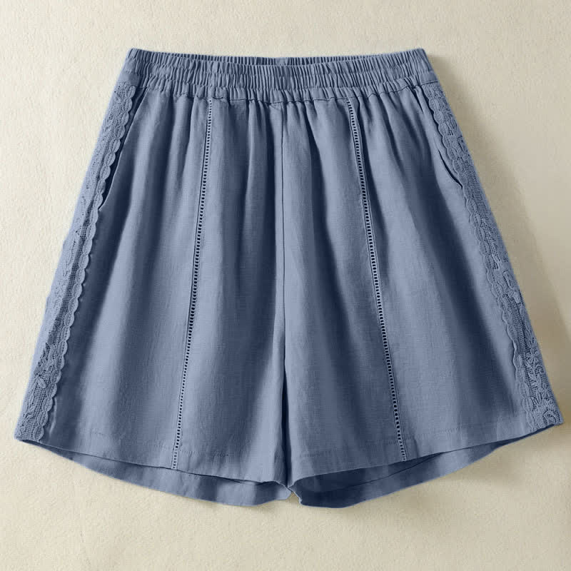 Buddha Stones Short d'été bohème décontracté pour femme, uni, avec dentelle décorative sur les côtés et poches - CadetBlue - US8-10, UK/AU12-14, EU40-42 (2XL) - image 0