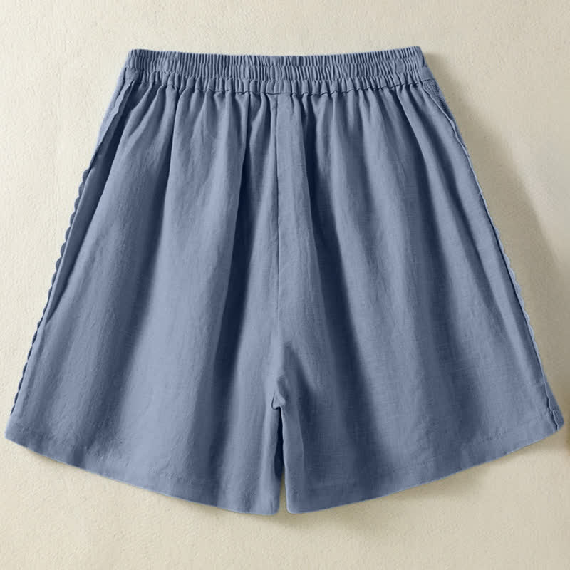 Buddha Stones Short d'été bohème décontracté pour femme, uni, avec dentelle décorative sur les côtés et poches - image 1