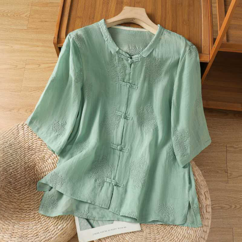 Buddha Stones Chemises à manches courtes pour femmes, style Tang, vintage, col mandarin, broderie à boutons brandebourg, couleur unie - Vert foncé - US8-10, UK/AU12-14, EU40-42 (2XL) - image 0