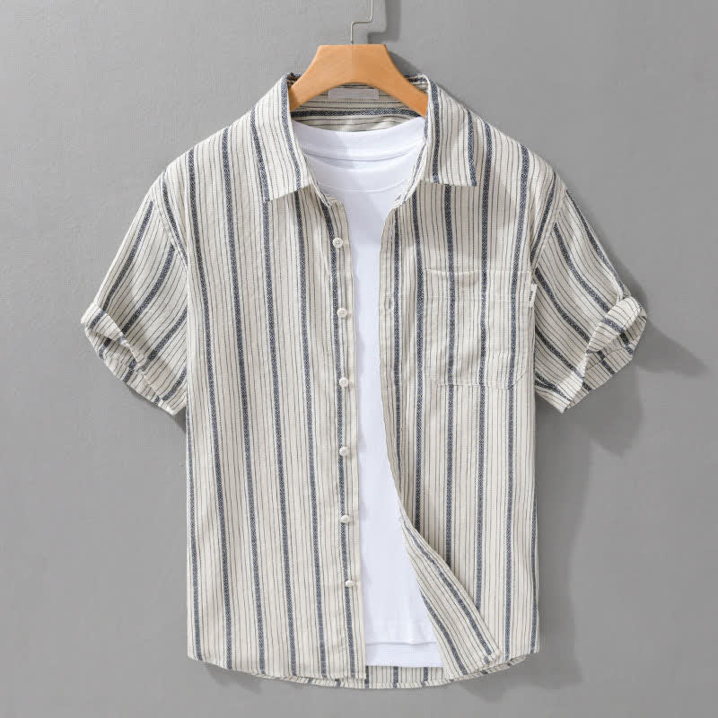 Buddha Stones Chemises d'été décontractées à manches courtes en coton rayé pour homme, avec poche plaquée - Blanc antique - US/UK/AU42, EU52 (3XL) - image 0