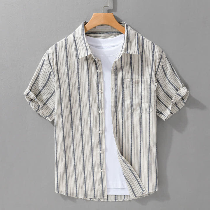 Buddha Stones Chemises d'été décontractées à manches courtes en coton rayé pour homme, avec poche plaquée - Blanc antique - US/UK/AU42, EU52 (3XL) - image 0