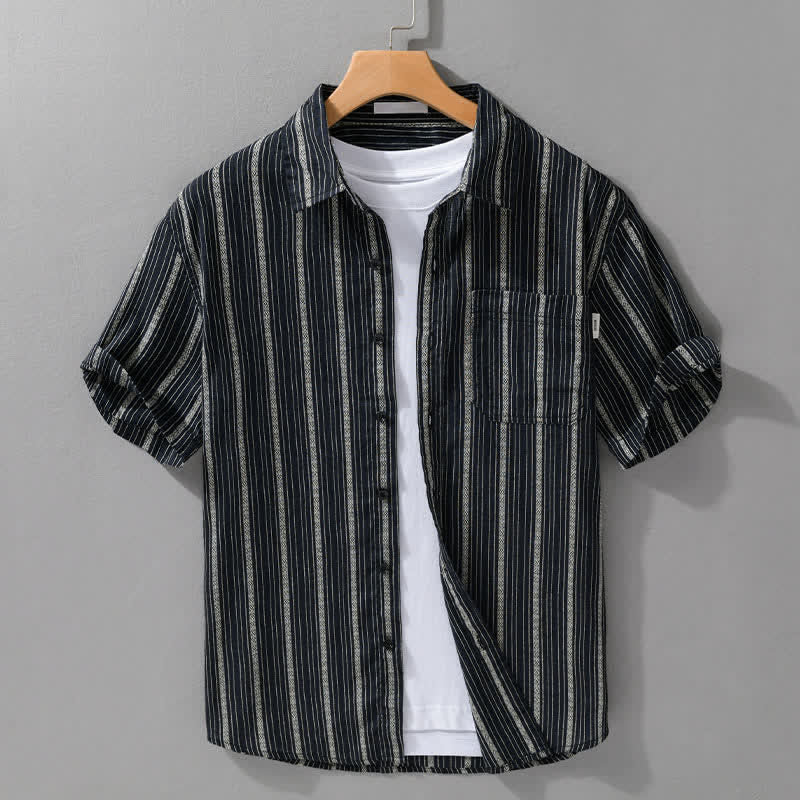 Buddha Stones Chemises d'été décontractées à manches courtes en coton rayé pour homme, avec poche plaquée - Noir - US/UK/AU42, EU52 (3XL) - image 8