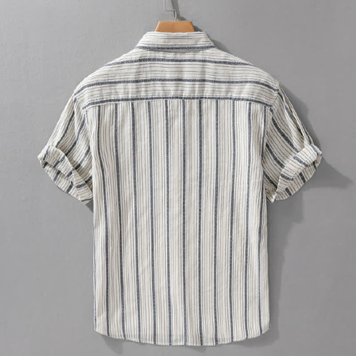Buddha Stones Chemises d'été décontractées à manches courtes en coton rayé pour homme, avec poche plaquée - image 1