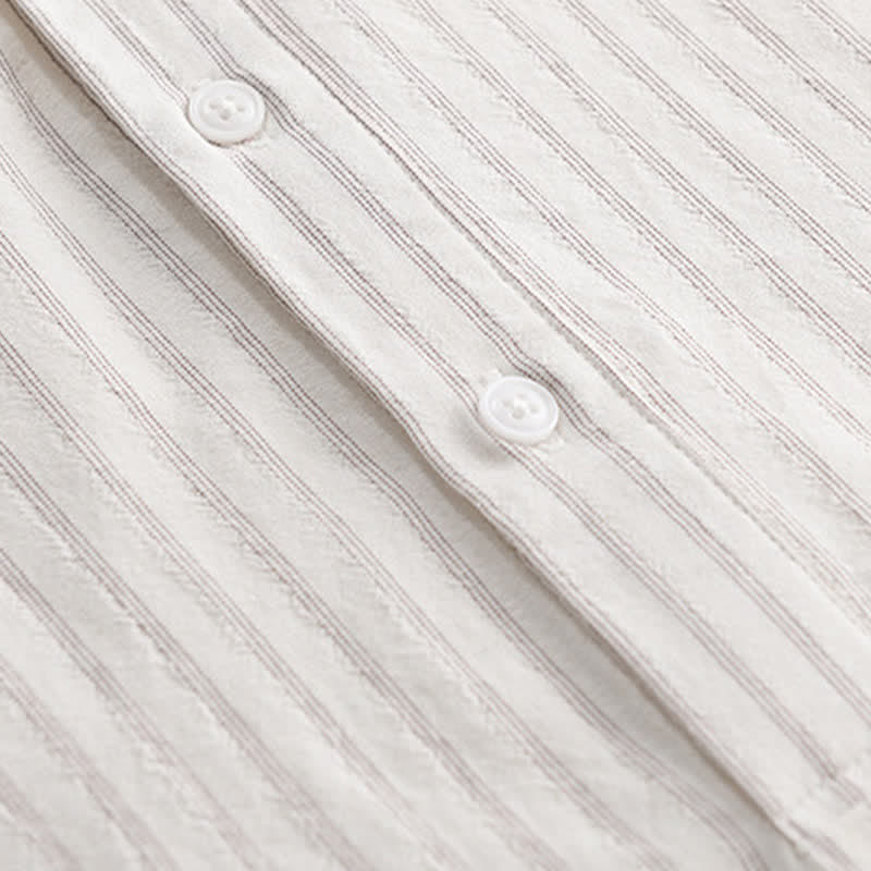 Buddha Stones Chemises d'été minimalistes décontractées à demi-boutons en coton rayé pour hommes, manches courtes. - image 11