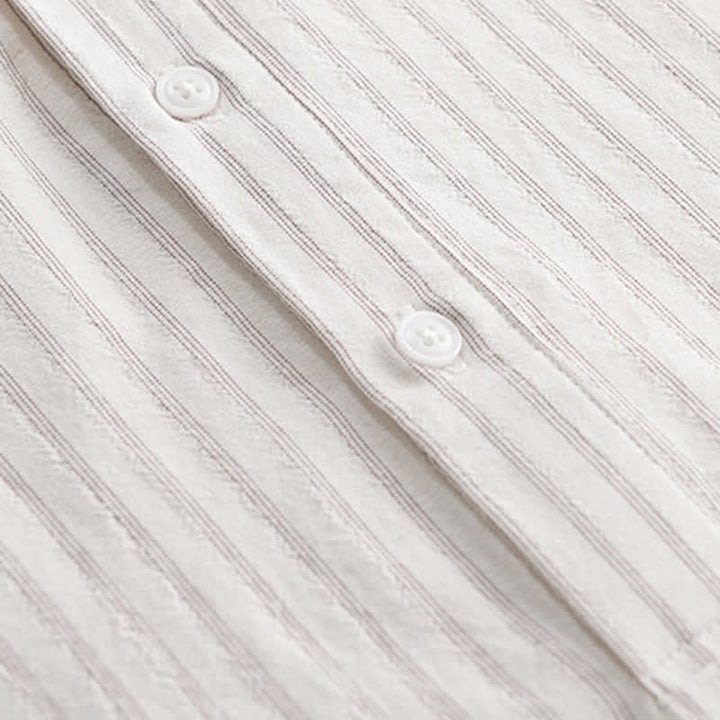 Buddha Stones Chemises d'été minimalistes décontractées à demi-boutons en coton rayé pour hommes, manches courtes. - image 11