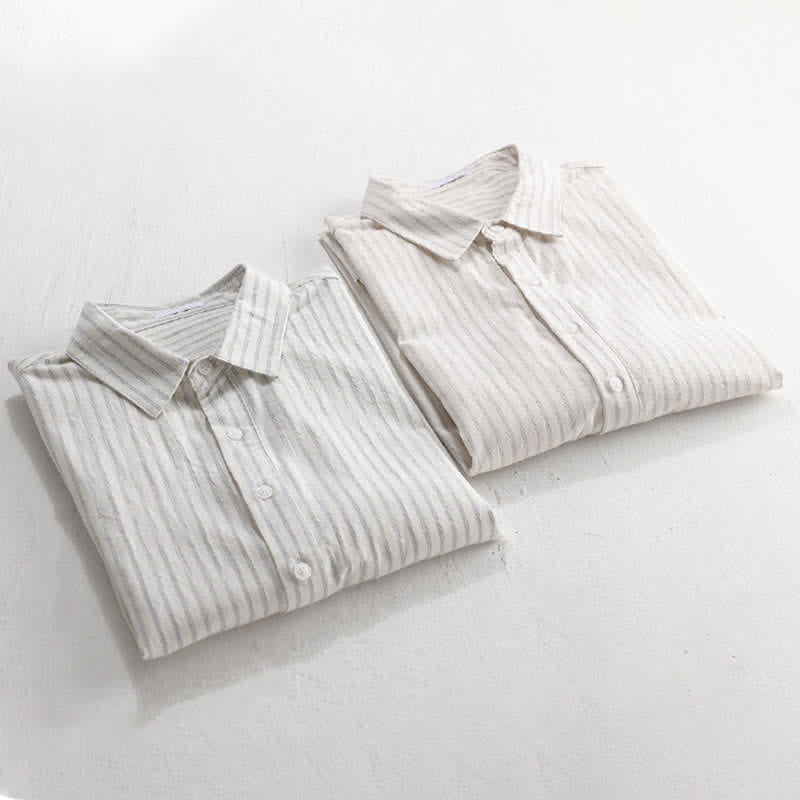 Buddha Stones Chemises d'été minimalistes décontractées à demi-boutons en coton rayé pour hommes, manches courtes. - image 13