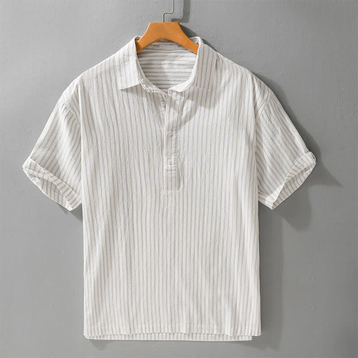 Buddha Stones Chemises d'été minimalistes décontractées à demi-boutons en coton rayé pour hommes, manches courtes. - Beige - US/UK/AU42, EU52 (3XL) - image 9