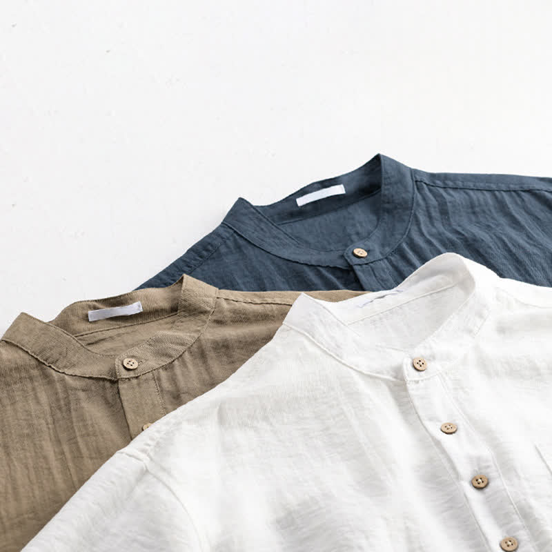 Buddha Stones Chemise d'été décontractée à col mandarin et demi-boutonnage pour homme, manches courtes et poche plaquée. - image 20