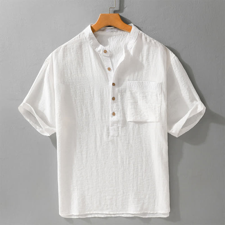 Buddha Stones Chemise d'été décontractée à col mandarin et demi-boutonnage pour homme, manches courtes et poche plaquée. - Blanc - US/UK/AU42, EU52 (3XL) - image 10
