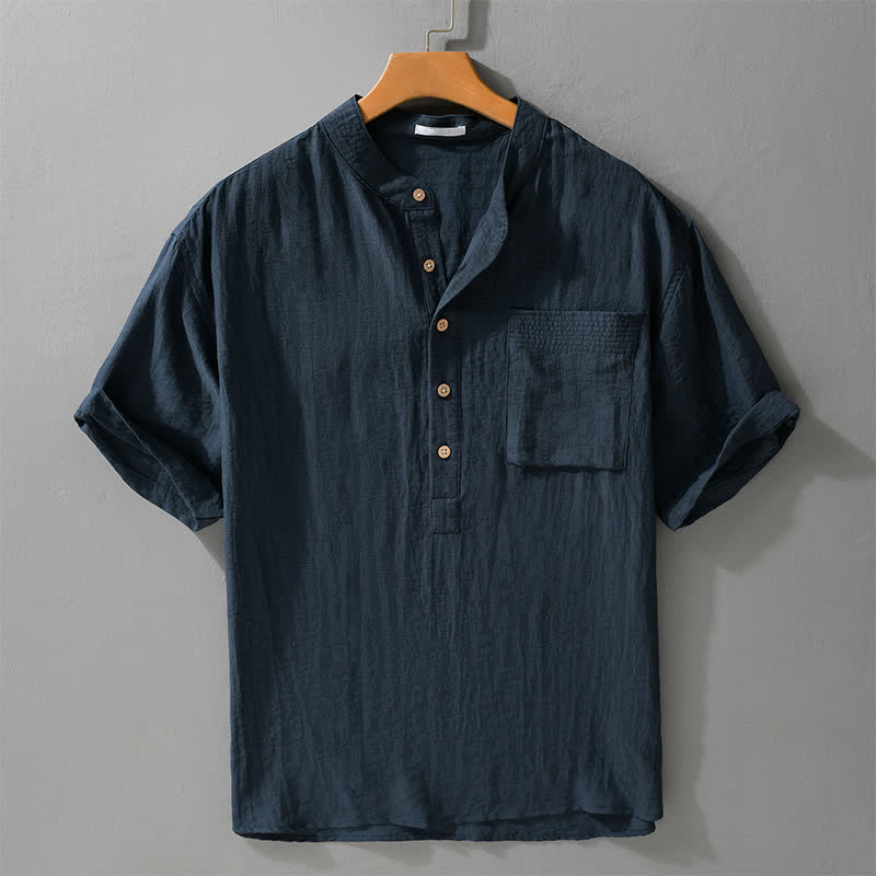 Buddha Stones Chemise d'été décontractée à col mandarin et demi-boutonnage pour homme, manches courtes et poche plaquée. - Bleu nuit - US/UK/AU42, EU52 (3XL) - image 6