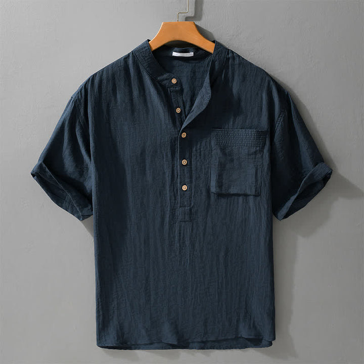 Buddha Stones Chemise d'été décontractée à col mandarin et demi-boutonnage pour homme, manches courtes et poche plaquée. - Bleu nuit - US/UK/AU42, EU52 (3XL) - image 6