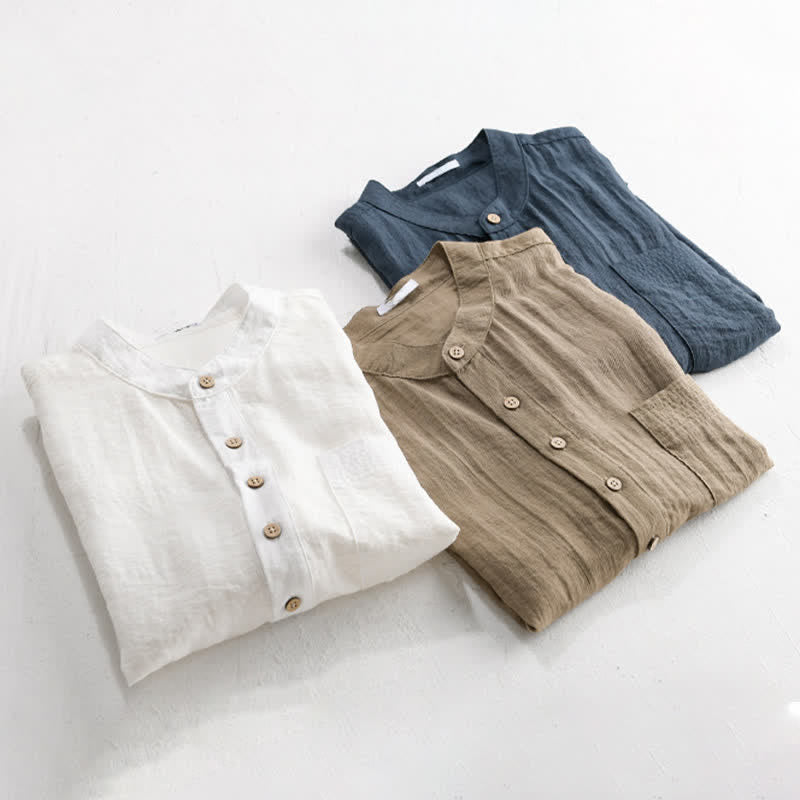 Buddha Stones Chemise d'été décontractée à col mandarin et demi-boutonnage pour homme, manches courtes et poche plaquée. - image 19