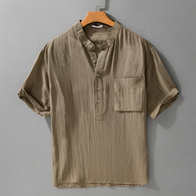 Buddha Stones Chemise d'été décontractée à col mandarin et demi-boutonnage pour homme, manches courtes et poche plaquée. - Tanné - US/UK/AU42, EU52 (3XL) - image 0