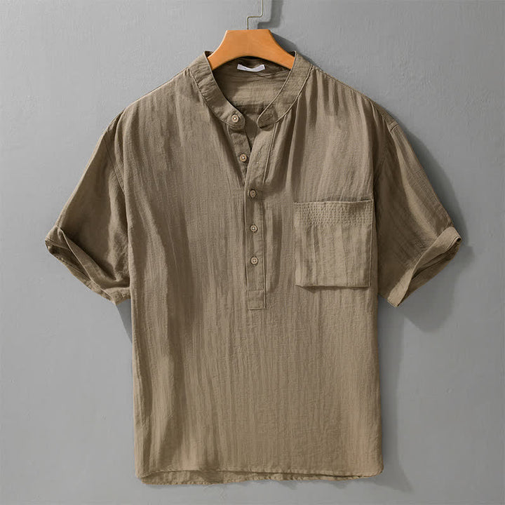 Buddha Stones Chemise d'été décontractée à col mandarin et demi-boutonnage pour homme, manches courtes et poche plaquée. - Tanné - US/UK/AU42, EU52 (3XL) - image 0