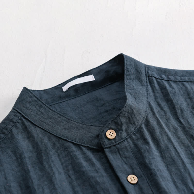 Buddha Stones Chemise d'été décontractée à col mandarin et demi-boutonnage pour homme, manches courtes et poche plaquée. - image 7