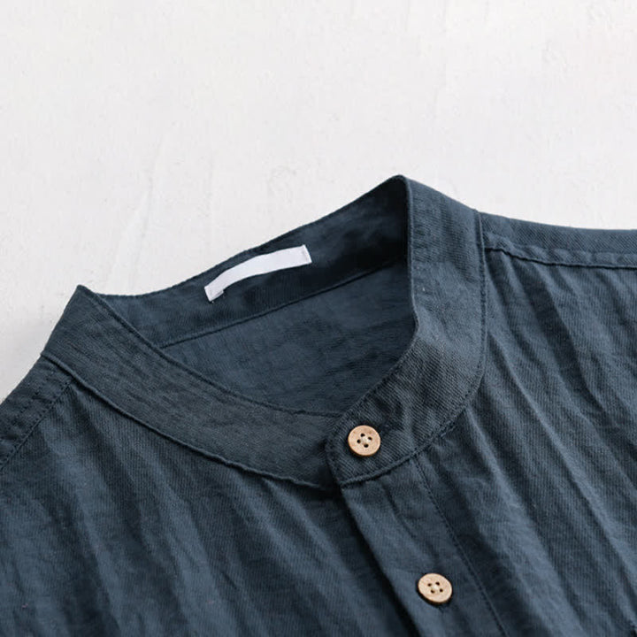 Buddha Stones Chemise d'été décontractée à col mandarin et demi-boutonnage pour homme, manches courtes et poche plaquée. - image 7
