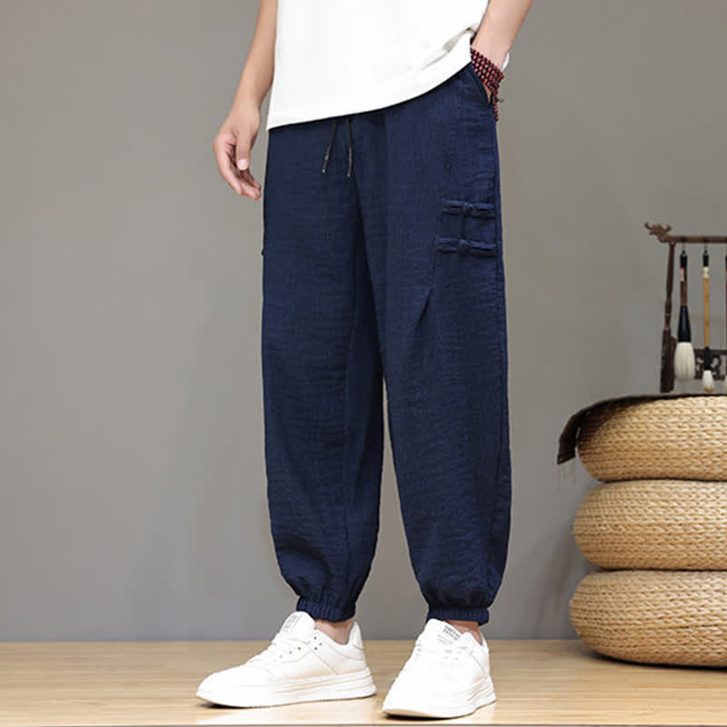 Buddha Stones Pantalon court uni style Tang, décontracté d'été, pantalon harem pour homme avec poches - image 1