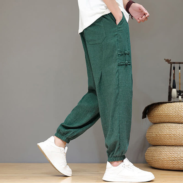 Buddha Stones Pantalon court uni style Tang, décontracté d'été, pantalon harem pour homme avec poches - image 31
